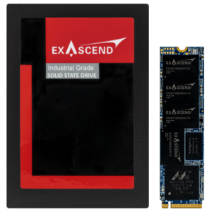 Photo displaying Exascend's PI3 series NVMe SSDs in the U.2 and M.2 form factors