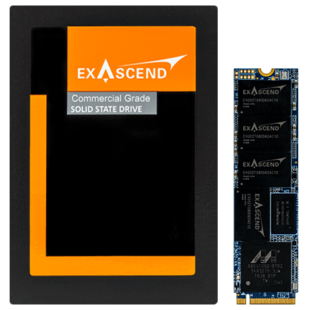 Photo displaying Exascend's PC3 series NVMe SSDs in the U.2 and M.2 form factors