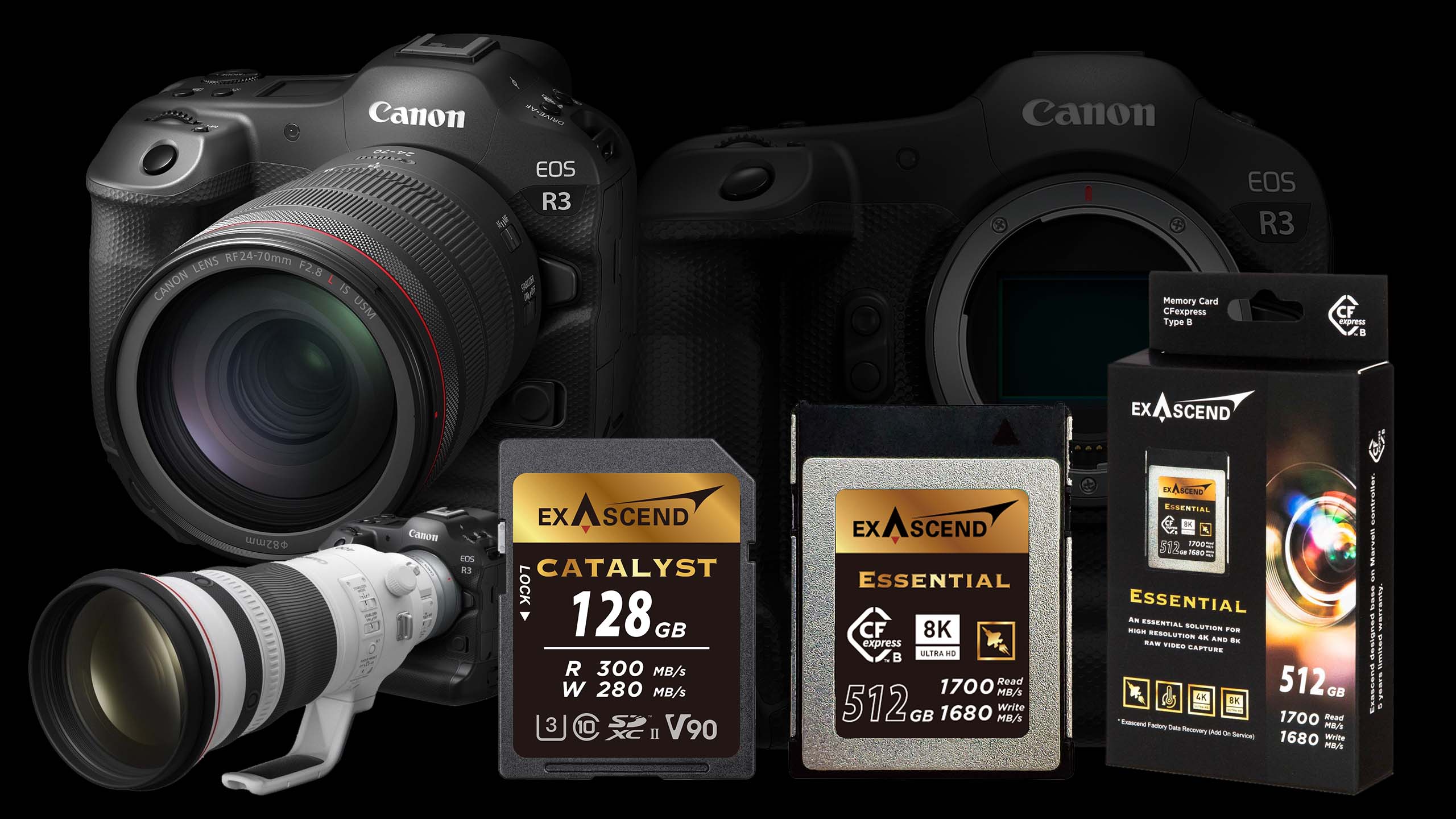 Image showing the brand new Canon EOS R3 alongside CFexpress and SD card storage options from Exascend