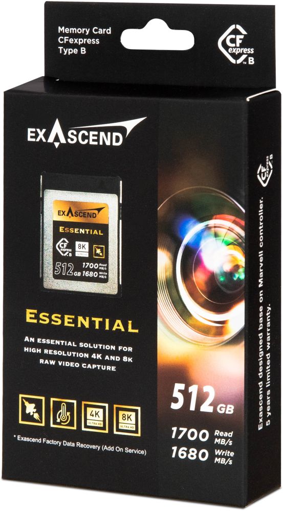 The packaging of Exascend's Essential CFexpress Type B