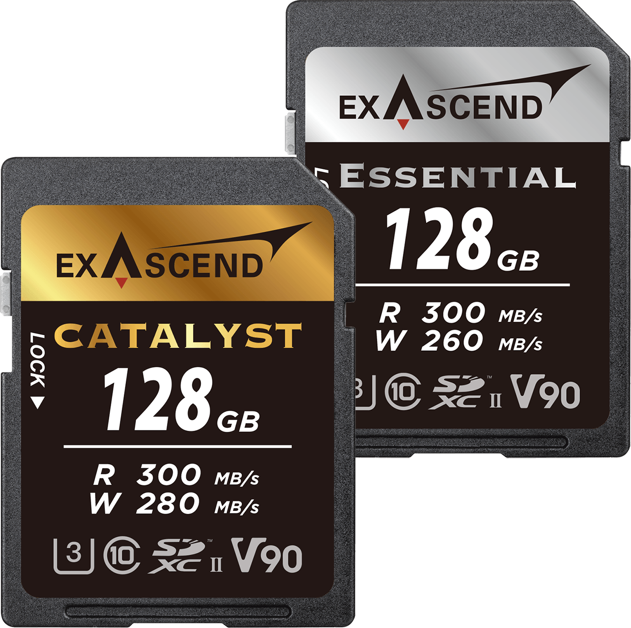 Image depicting Exascend's Catalyst and Essential SD cards (UHS-II, V90) 128 GB.