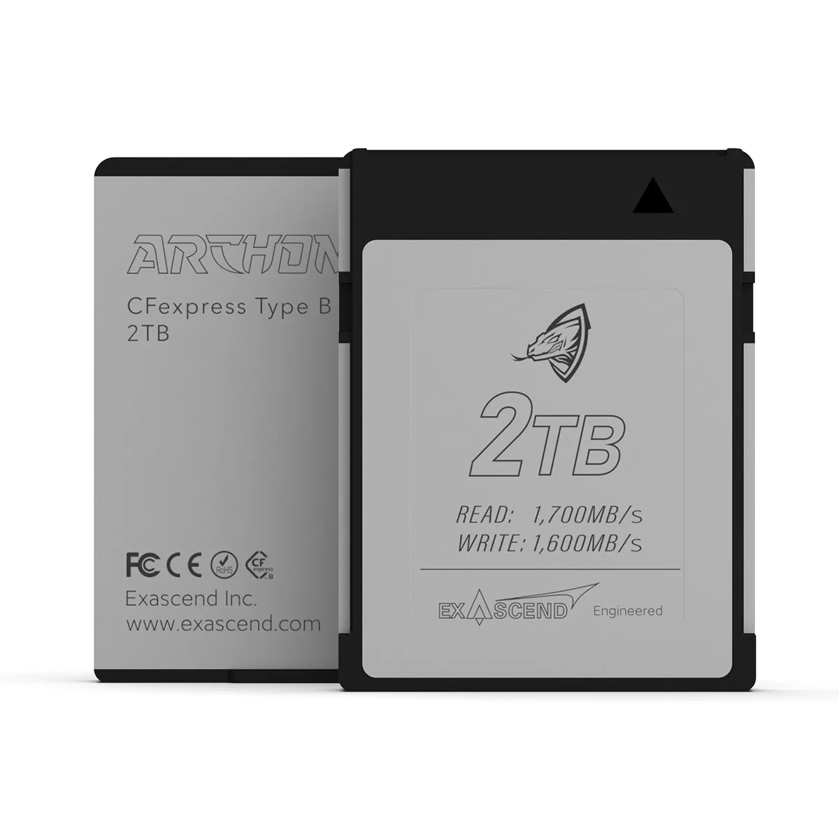 Image showing the front and back of the Exascend Archon CFexpress for RED 2 TB
