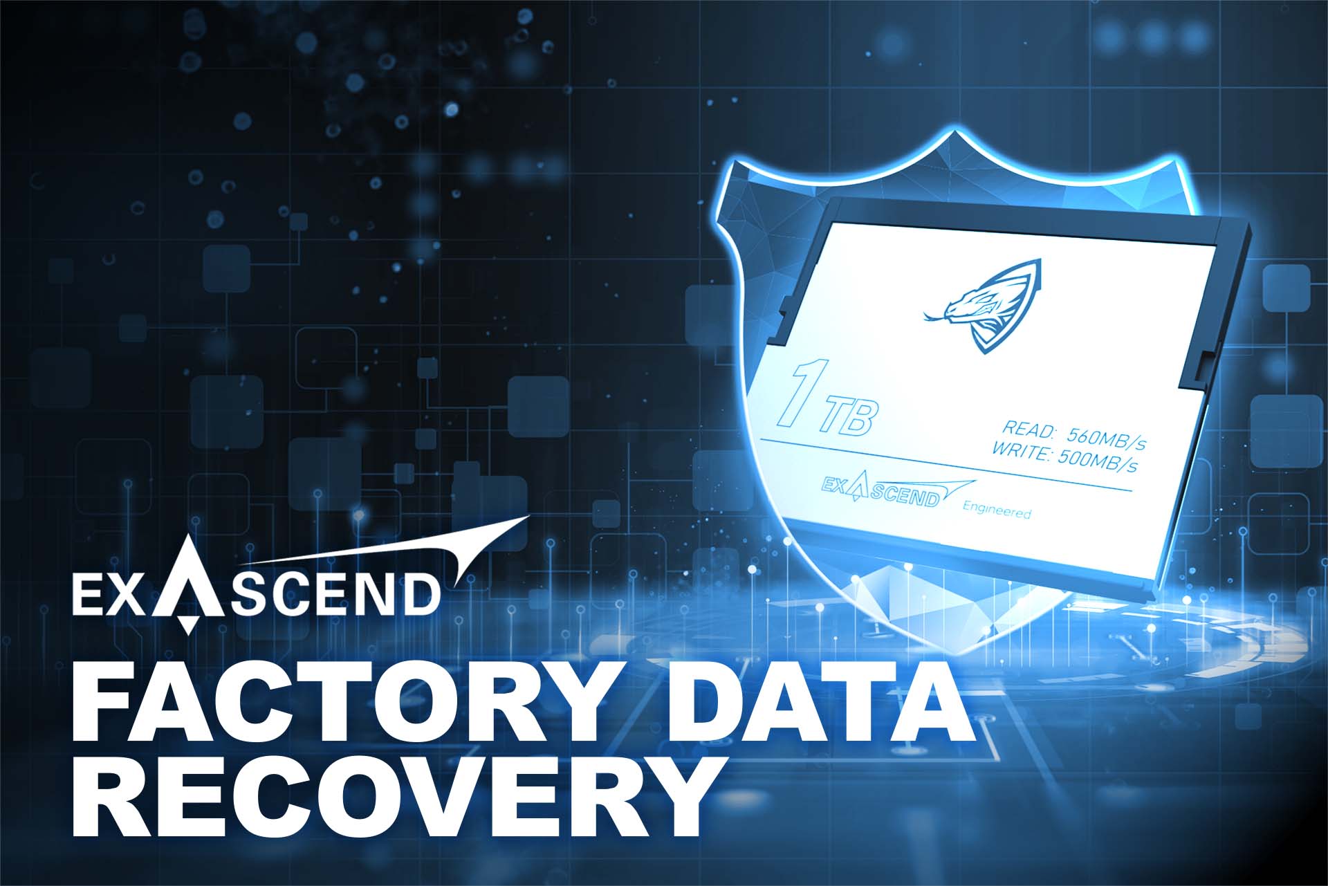 Image displaying Exascend's Archon CFast card alongside the text "Factory Data Recovery"