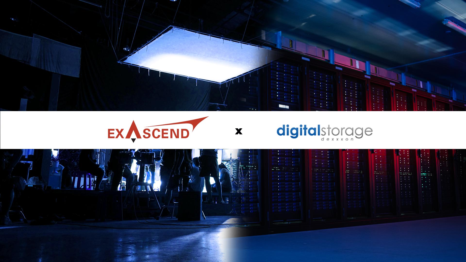 Image showcasing Exascend and Dexxxon Digital Storage's logo superimposed on a background made up by photos showcasing cinematography and enterprise applications.