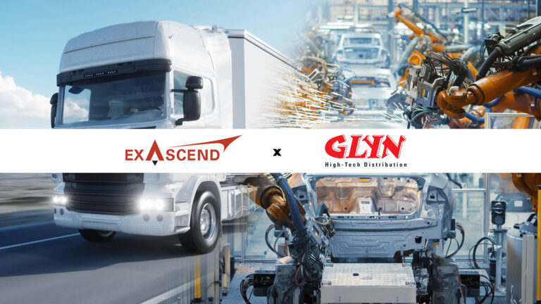 Image showcasing Exascend and GLYN's logos superimposed on a background made up by photos showcasing industrial/embedded and transportation applications.