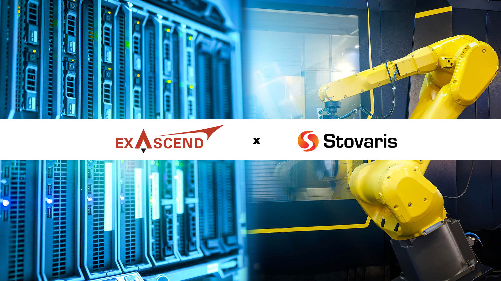 Image showcasing Exascend and Stovaris' logos superimposed on a background made up by photos showcasing industrial/embedded and enterprise applications.
