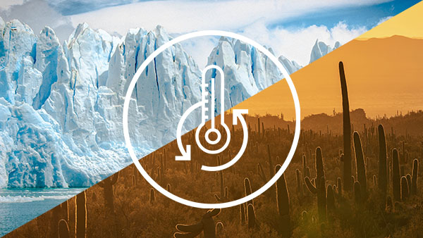Image illustrating Exascend's Adaptive Thermal Control technology with a background featuring hot/cold climates and an icon.