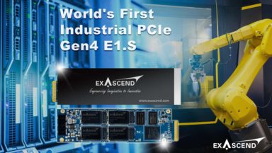 Exascend's brand new E1.S SSDs from the PI4 series displayed on top of an industrial and enterprise background image.
