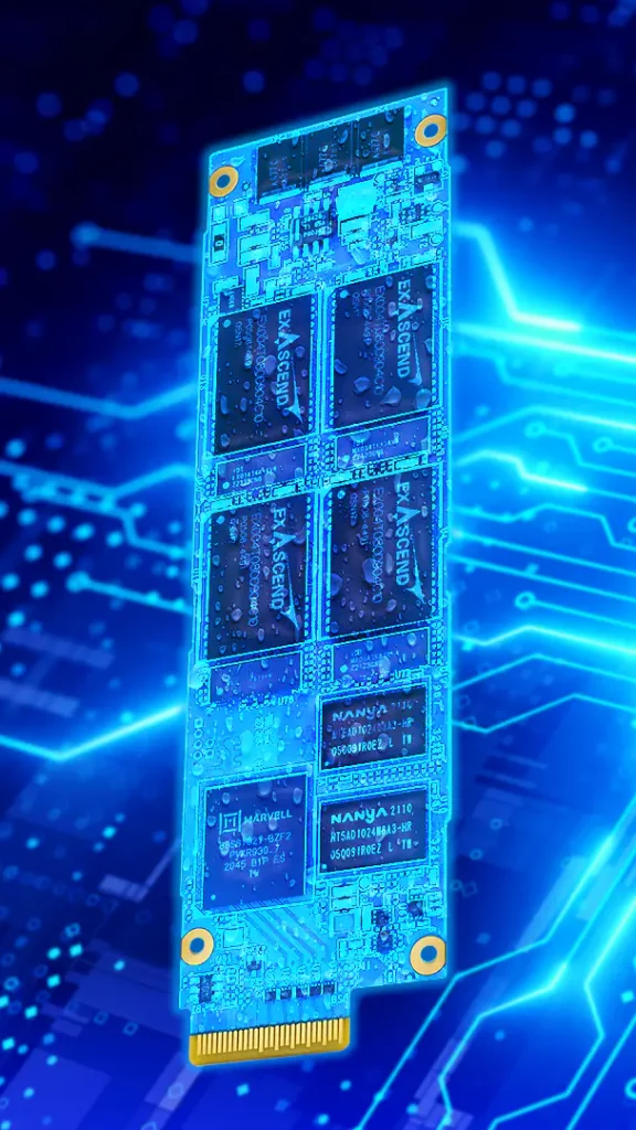 Illustration of an Exascend E1.S SSD with conformal coating.