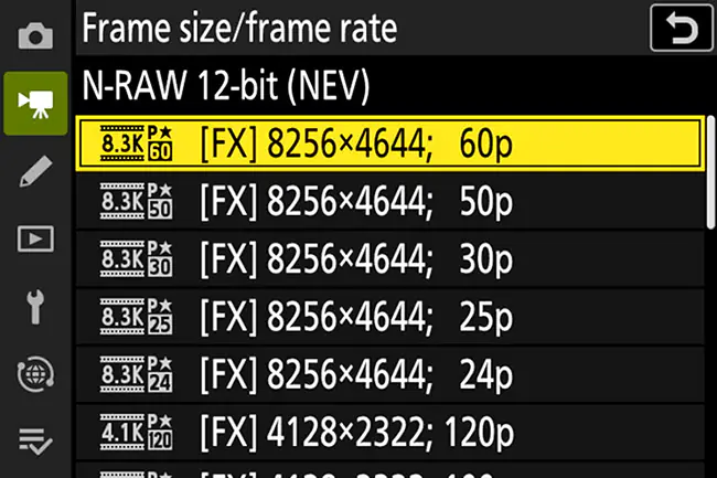 Menu options with the new Nikon Z9 v2.0 firmware update.
